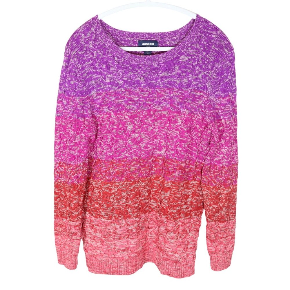LANDS END Ombre Stripe Crew Neck Basketweave Cable Drifter Sweater L Pink Purple